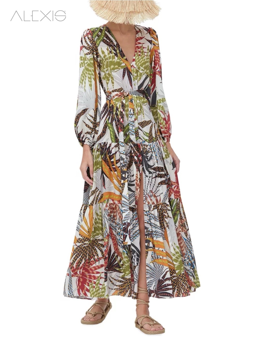 ALEXIS Terena Wild Palm Print Belted Tiered Maxi Dress M Boho Tropical Resort